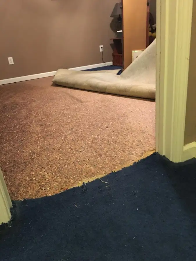 Carpet pad removal revealing water damage during Water Mitigation Services in Kings Park West